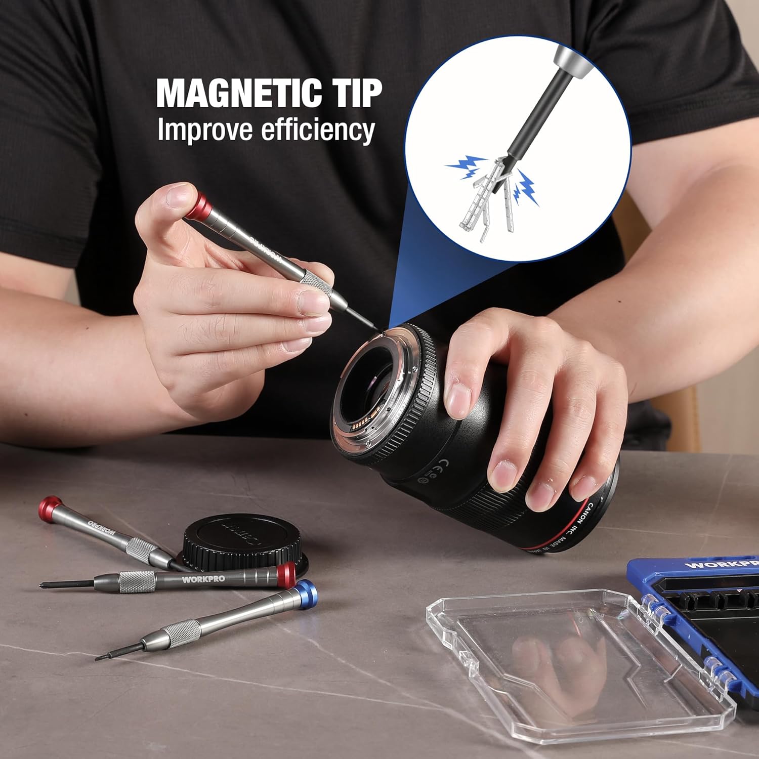 Magnetic precision screwdriver set with multiple steel bits on a work surface and a jar nearby