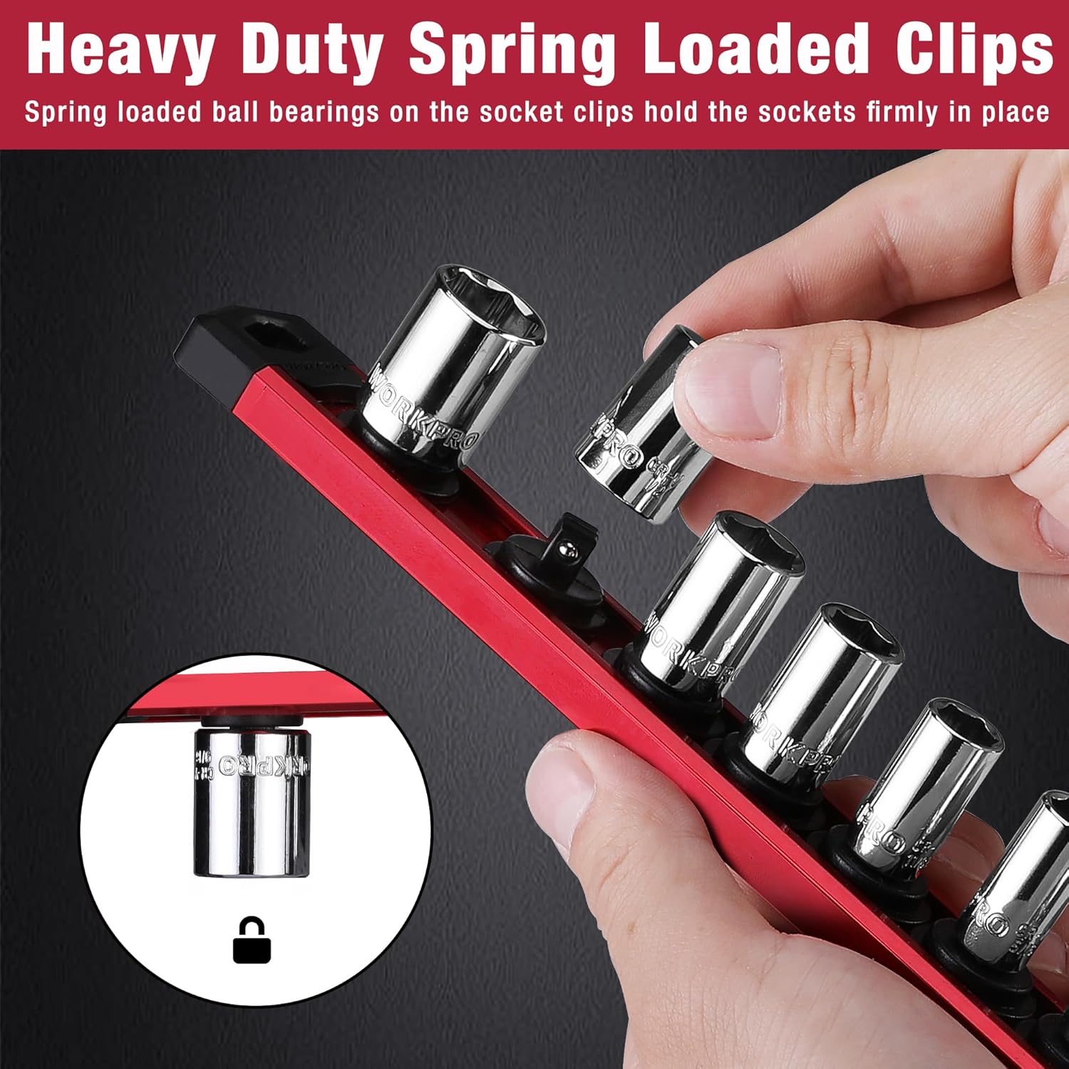 Red socket rail with spring-loaded black clips holding chrome sockets as a hand loads them