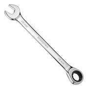 Polished chrome ratcheting wrench with size markings and box-end drive socket