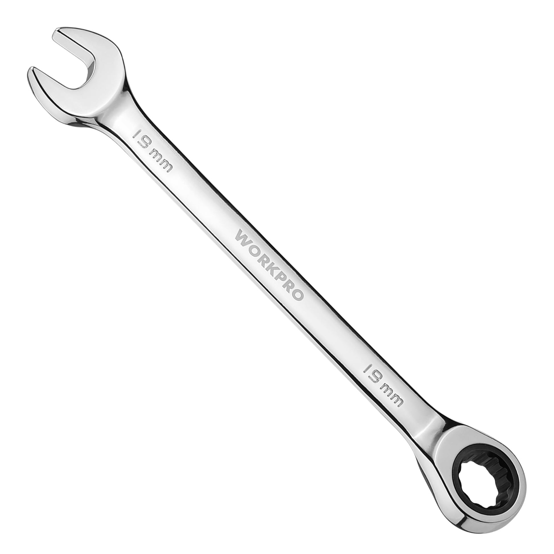 Polished chrome ratcheting wrench with size markings and box-end drive socket