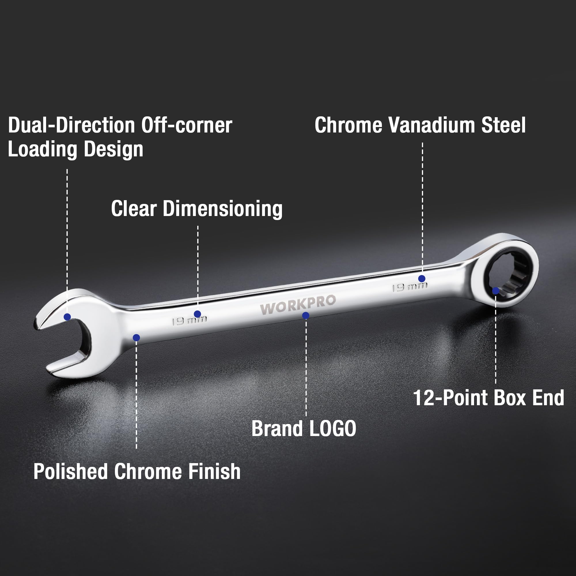 WORKPRO multi-size ratcheting wrench, polished chrome 12-point box end