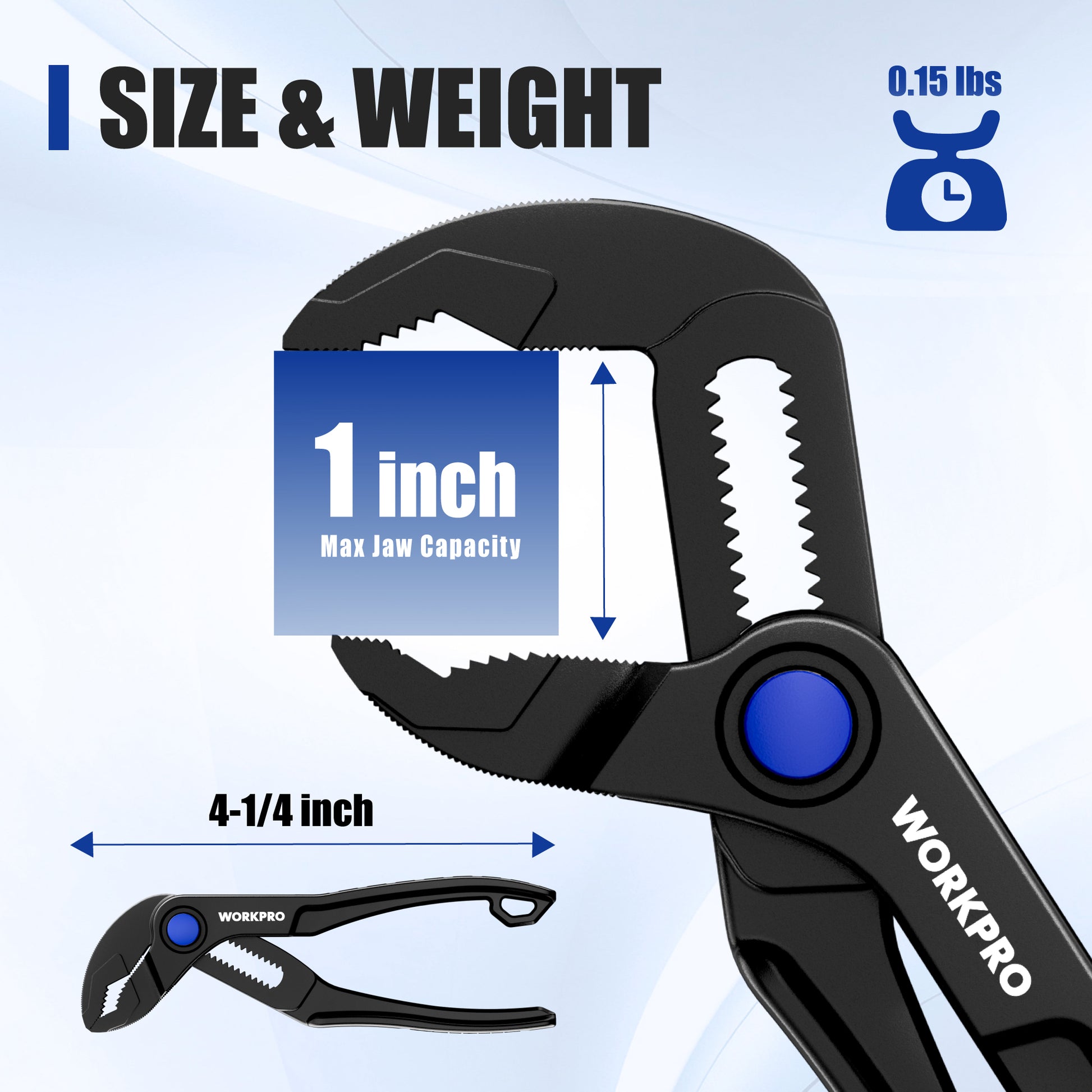 Black WORKPRO mini water pump plier size diagram, 1 inch max jaw