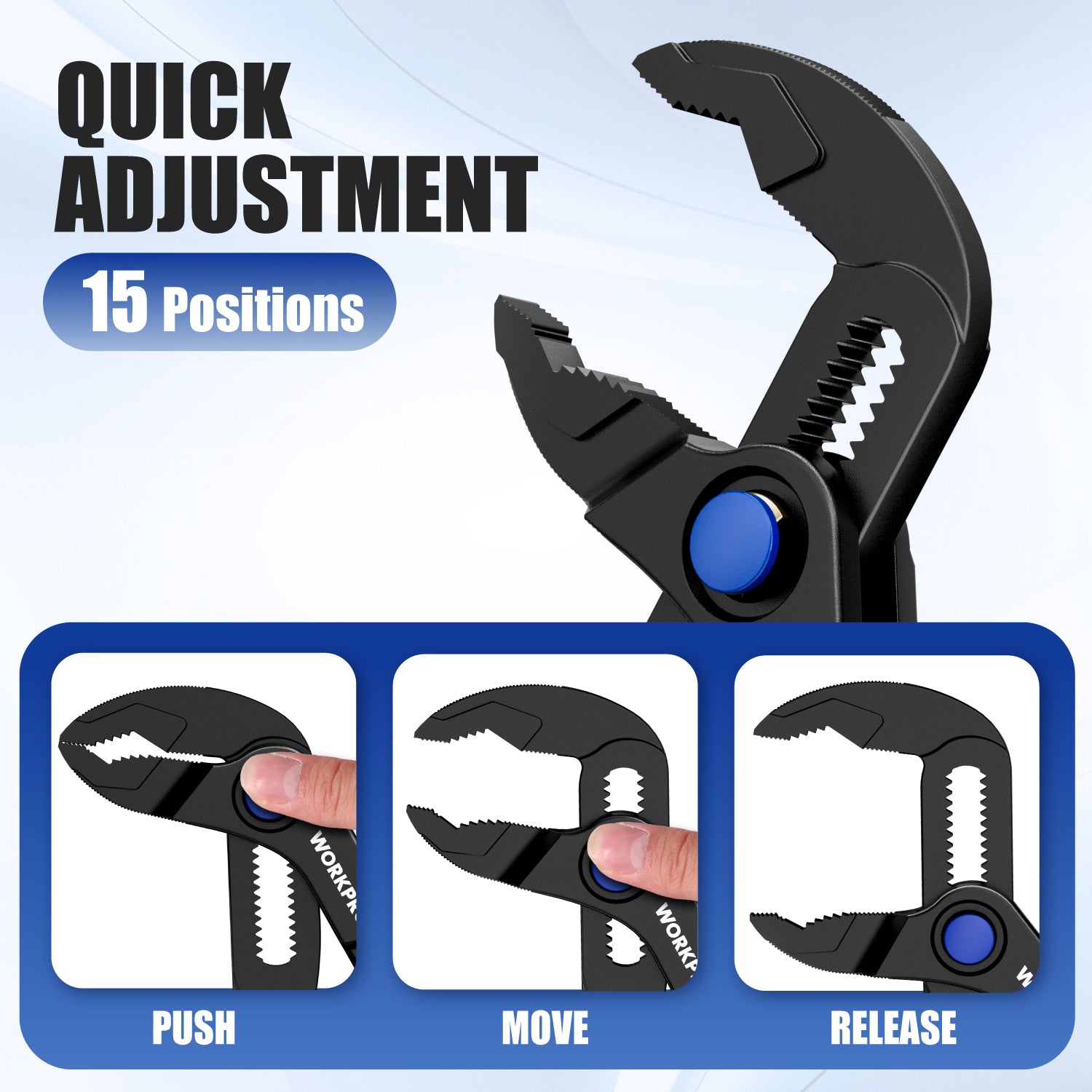 WORKPRO mini water pump plier showing 15-position quick adjustment