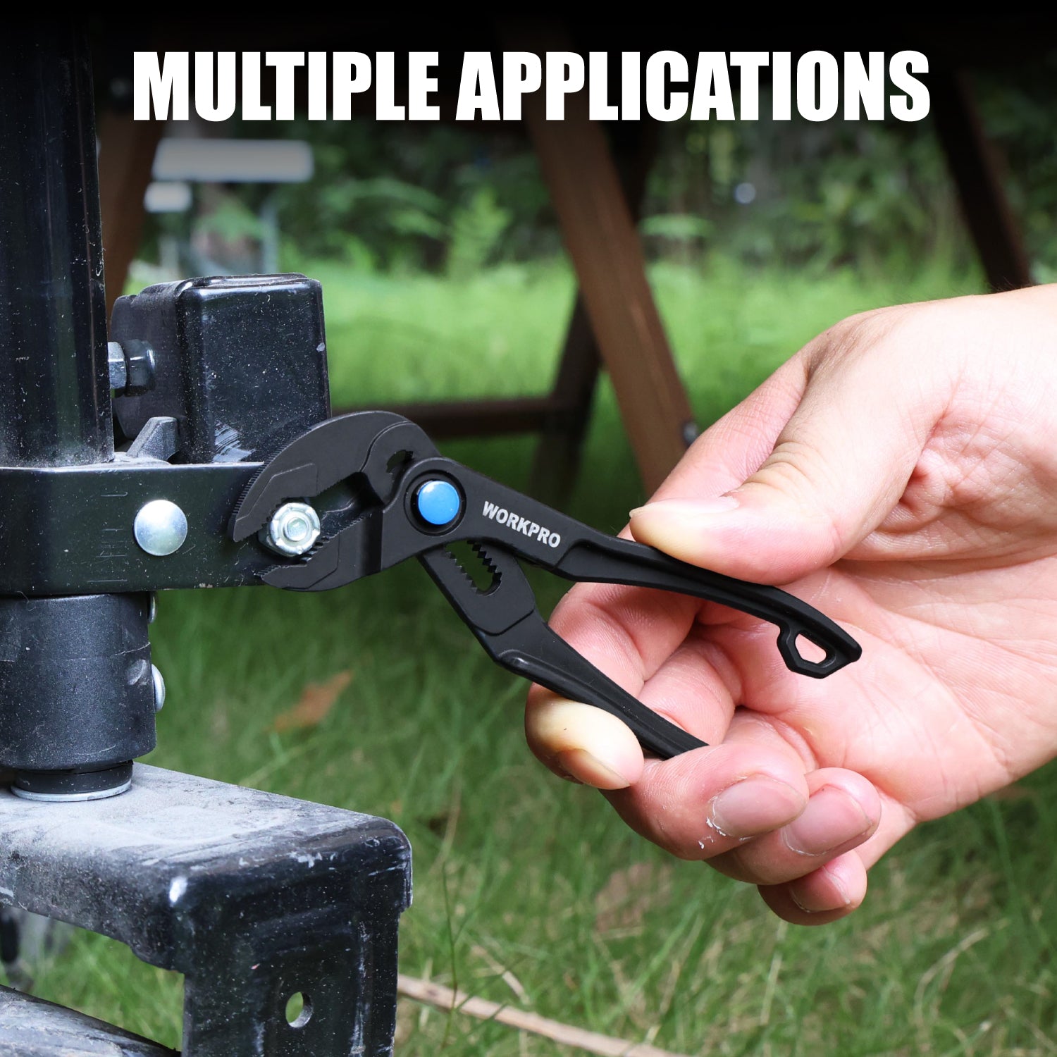 WORKPRO mini water pump plier in hand, attached to a metal post