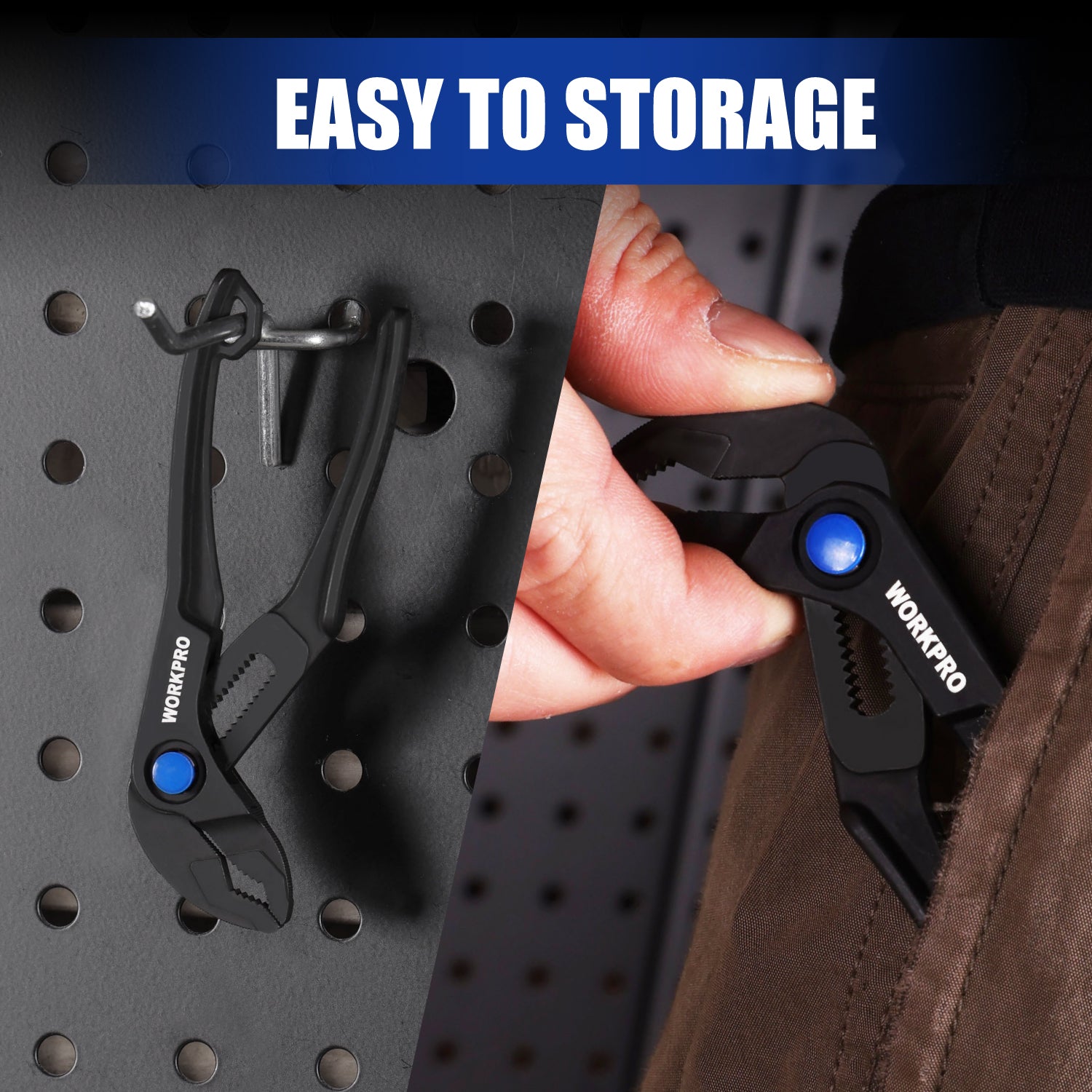 WORKPRO mini water pump plier being mounted to a pegboard holder
