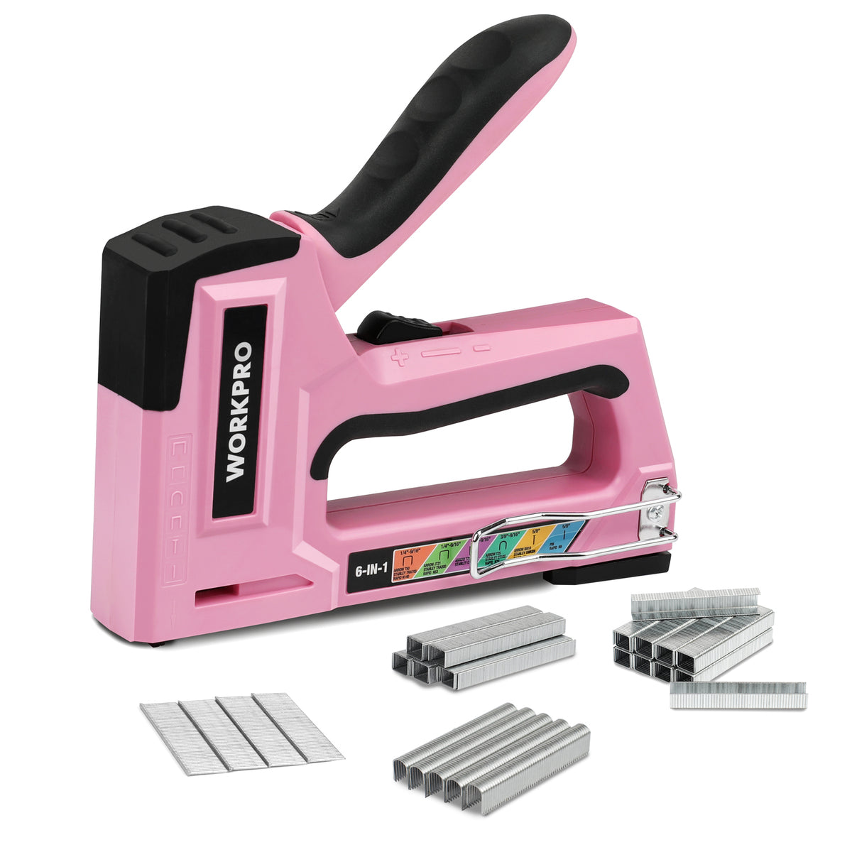 WORKPRO 6-in-1 Manual Brad Nailer Upholstery Stapler Nail Gun - Pink Ribbon