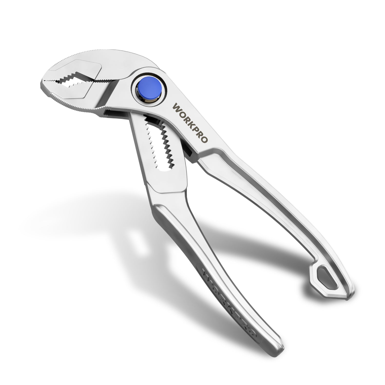 4-inch mini water pump plier with silver jaws and blue adjustment knob