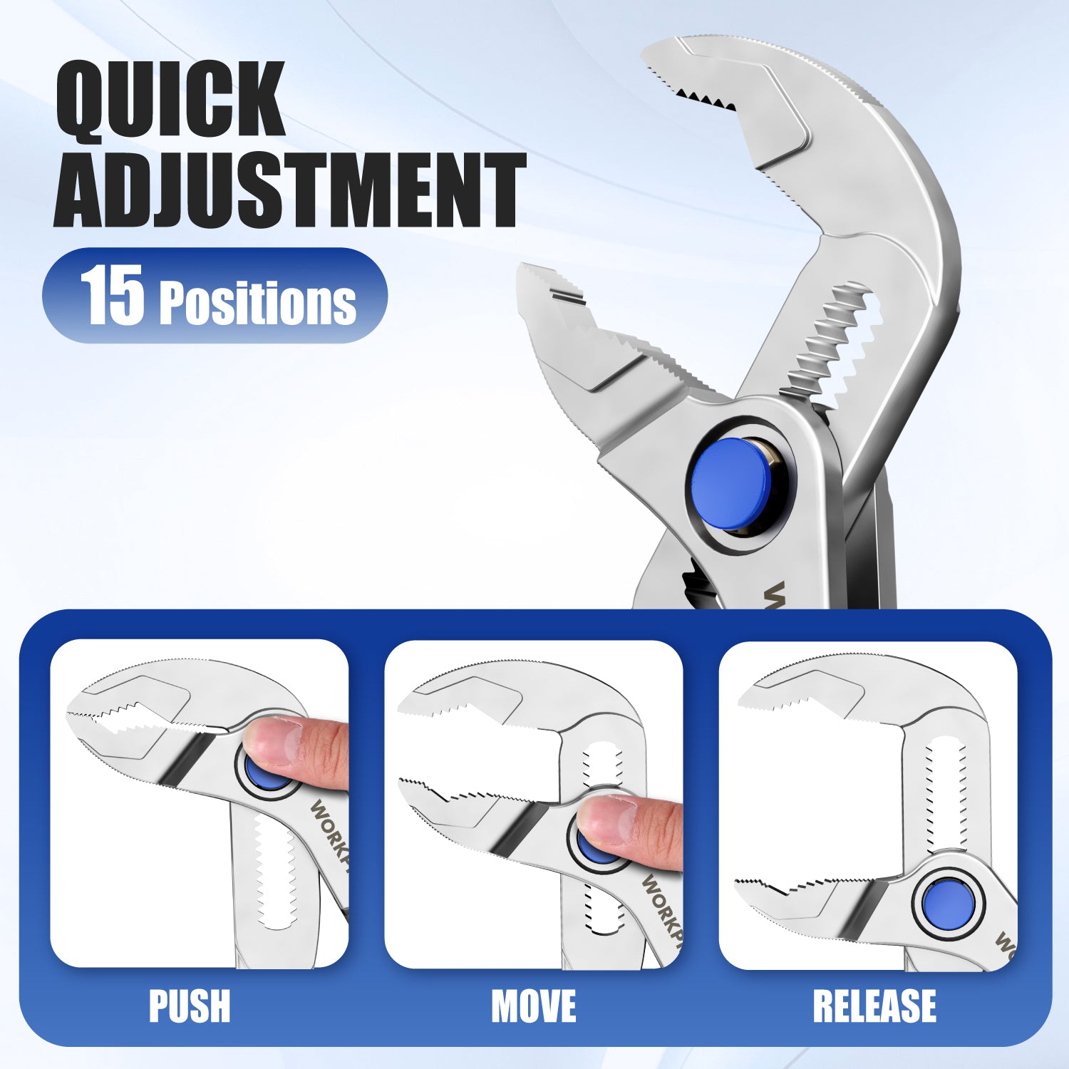Mini water pump plier with adjustable serrated jaws and blue circular thumb dial