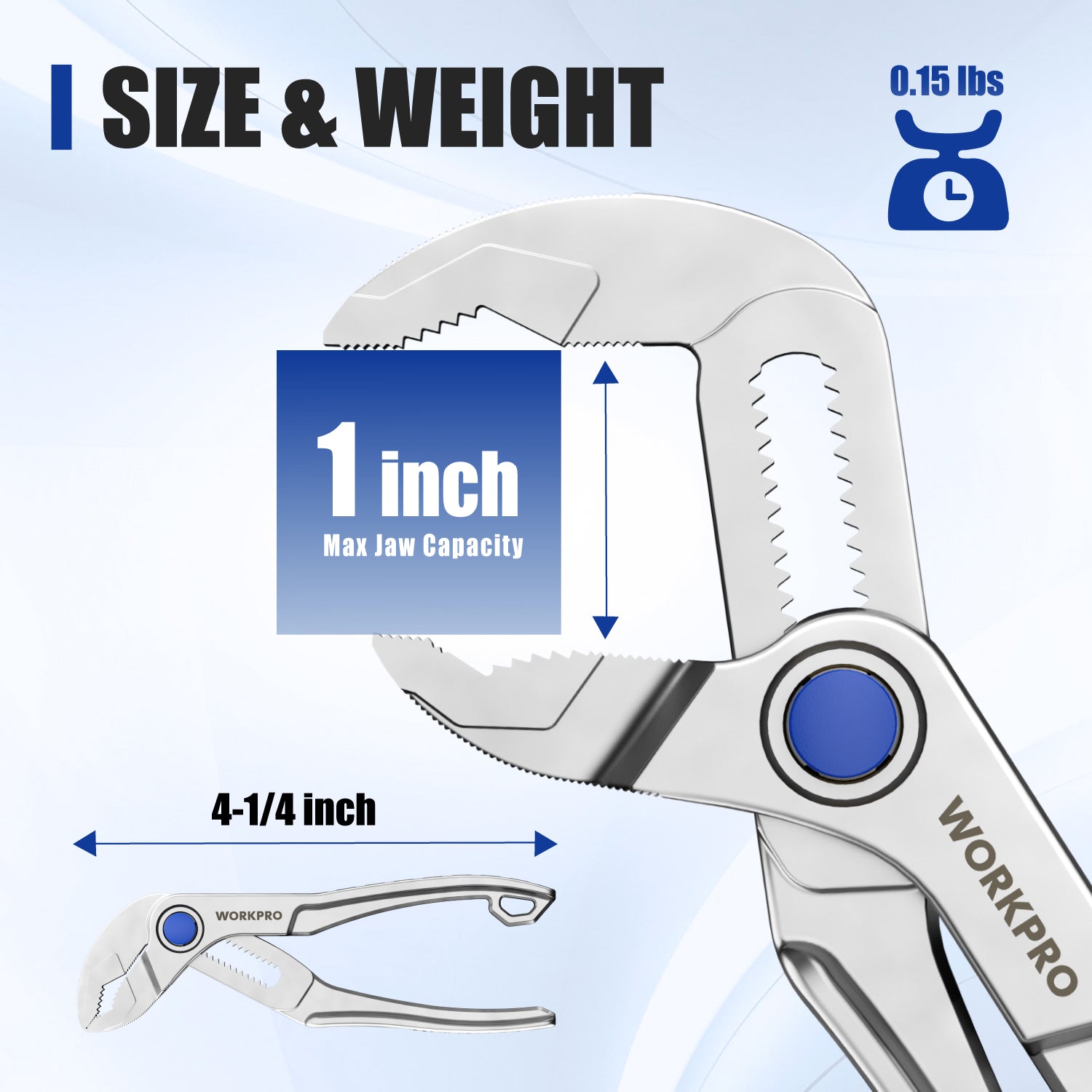 Silver mini water pump plier showing 1-inch max jaw capacity and compact size