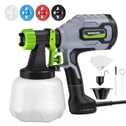 HVLP paint sprayer with green nozzle, gray body, black handle, and white paint cup