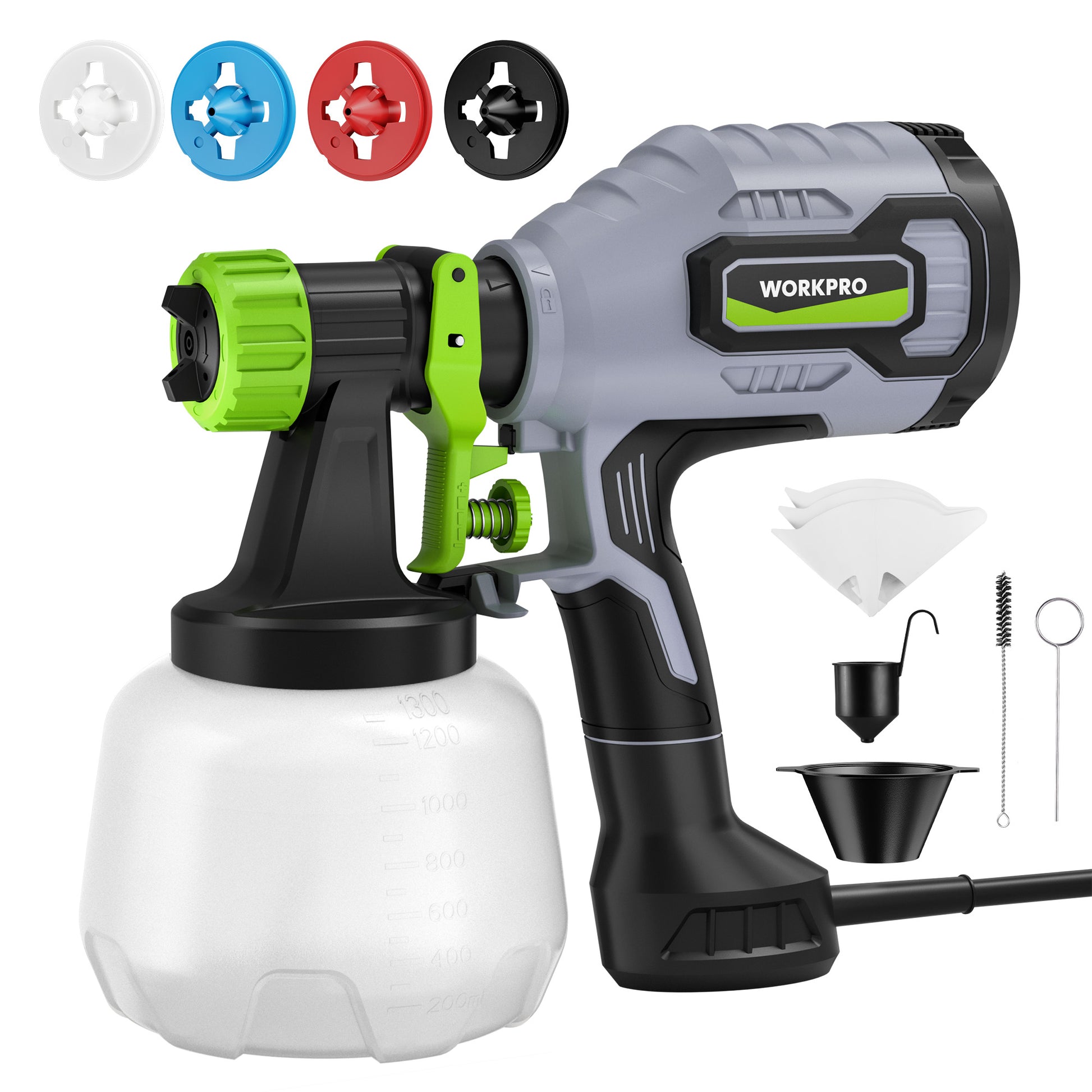 HVLP paint sprayer with green nozzle, gray body, black handle, and white paint cup
