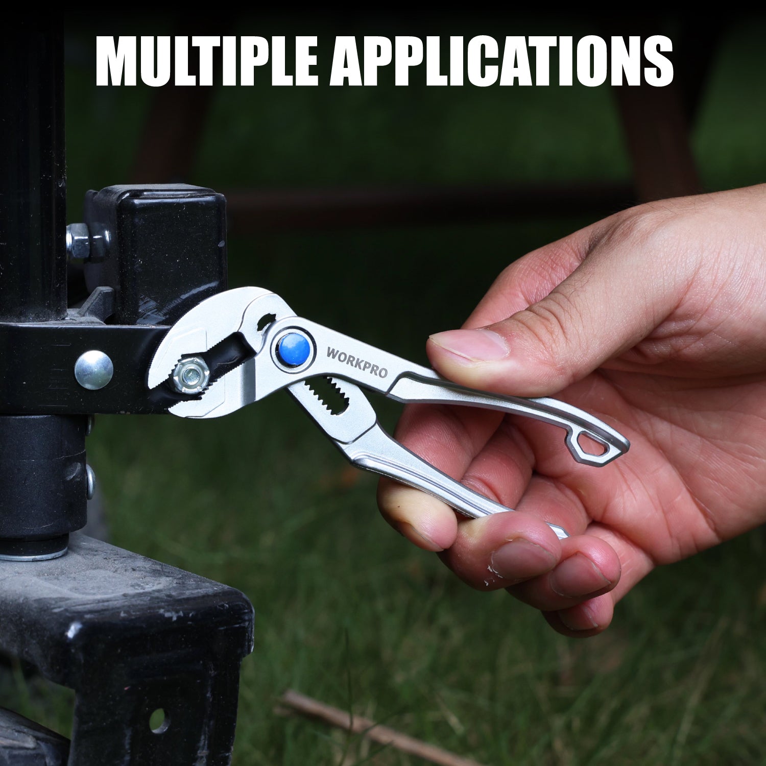 Mini adjustable plier held by hand with serrated jaws and blue pivot button