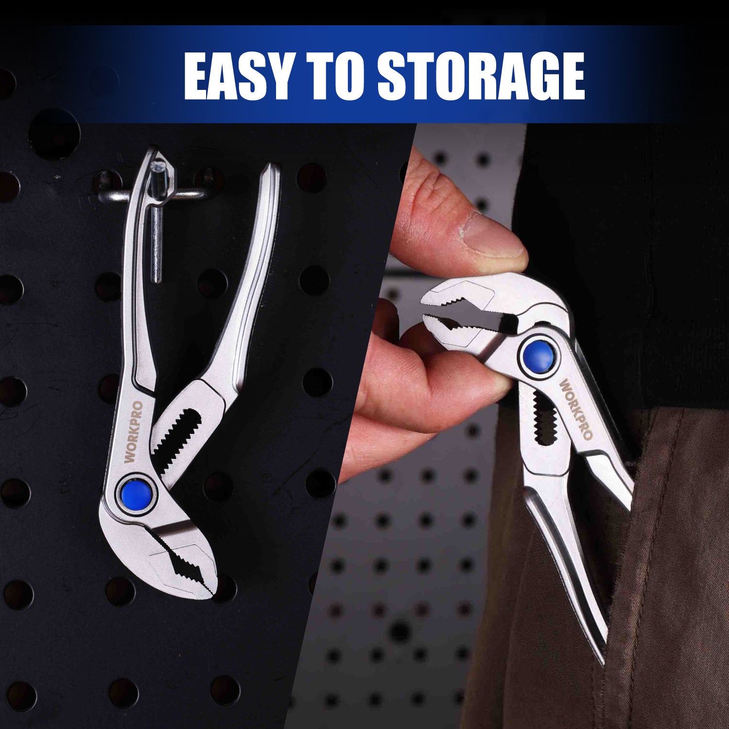 Two mini water pump pliers on a pegboard, silver bodies with blue adjustment circles