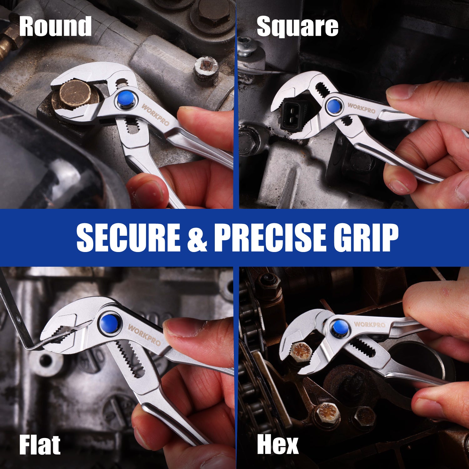 Adjustable water pump plier gripping round, square, flat, and hex fasteners