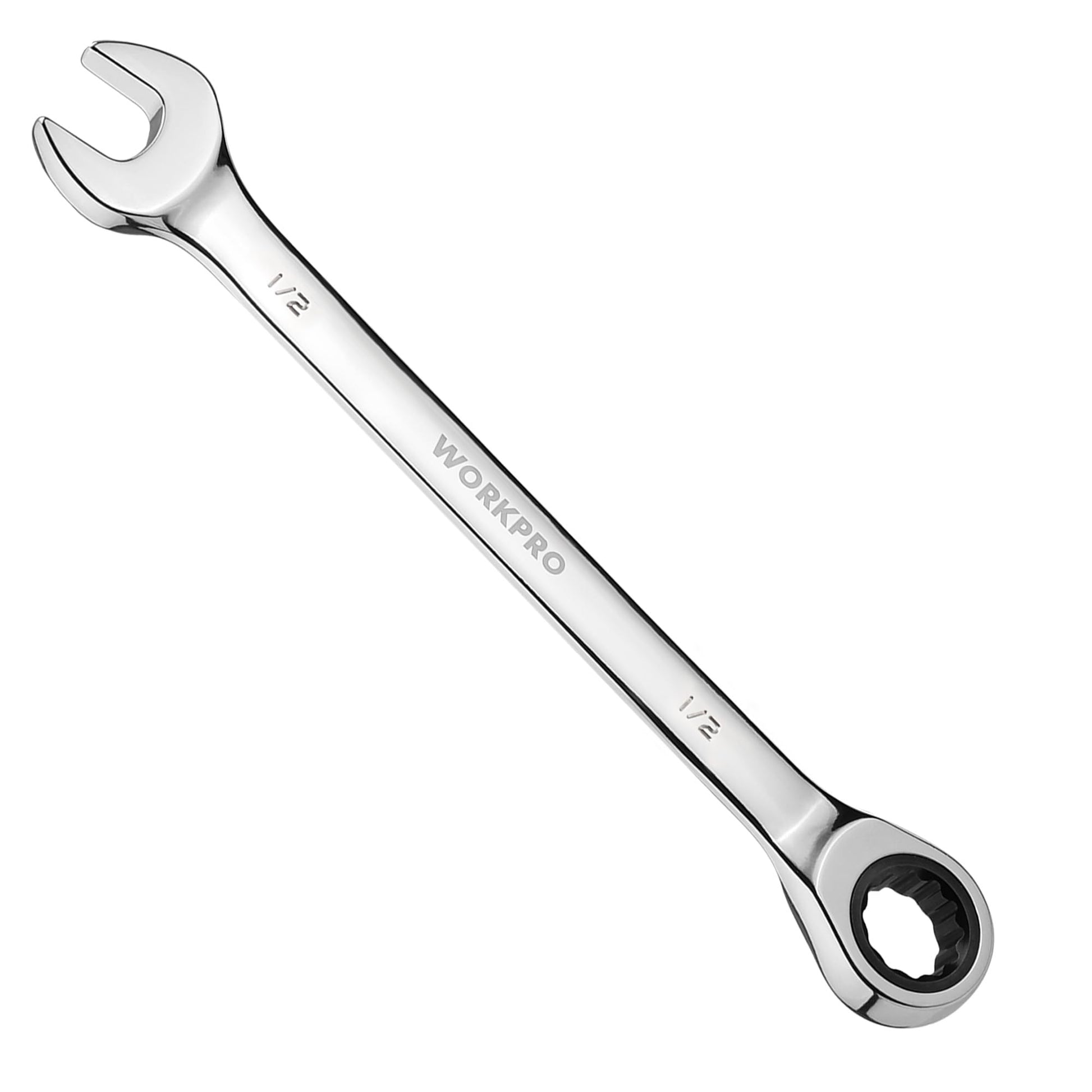 WORKPRO multi-size ratcheting wrench with chrome finish and 12-point box end