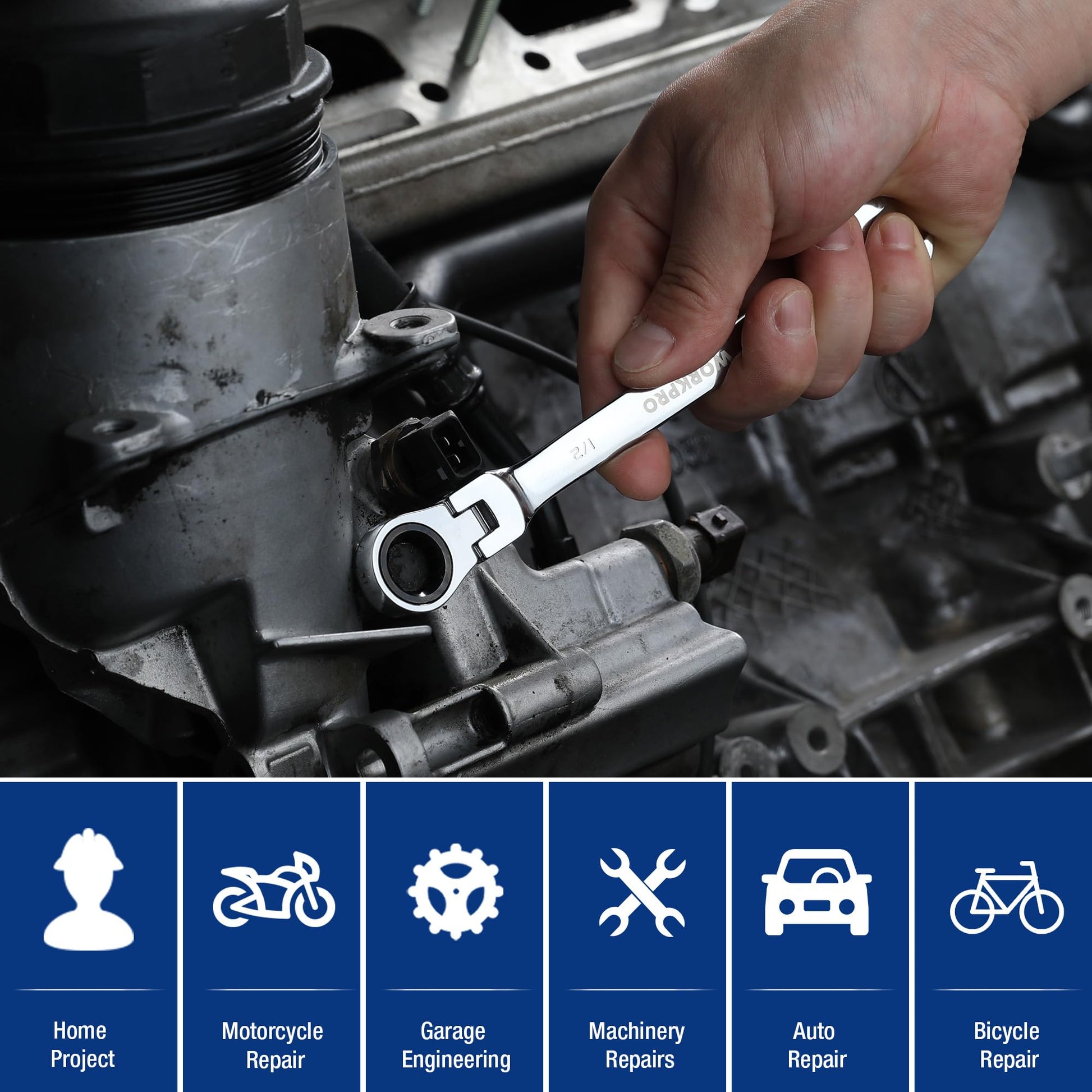 Hand holding a WORKPRO ratcheting wrench on engine hardware
