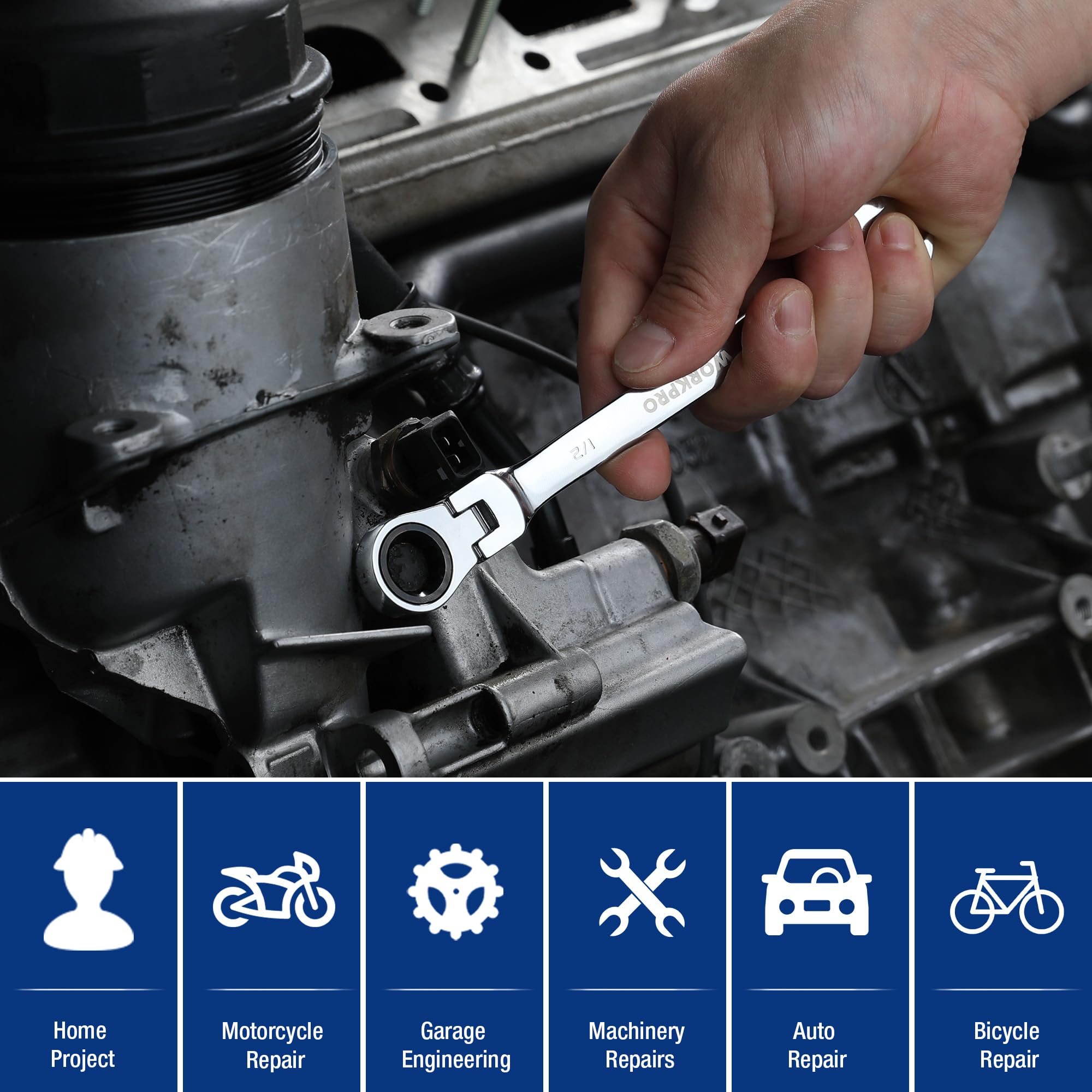 Hand holding a WORKPRO ratcheting wrench on engine hardware