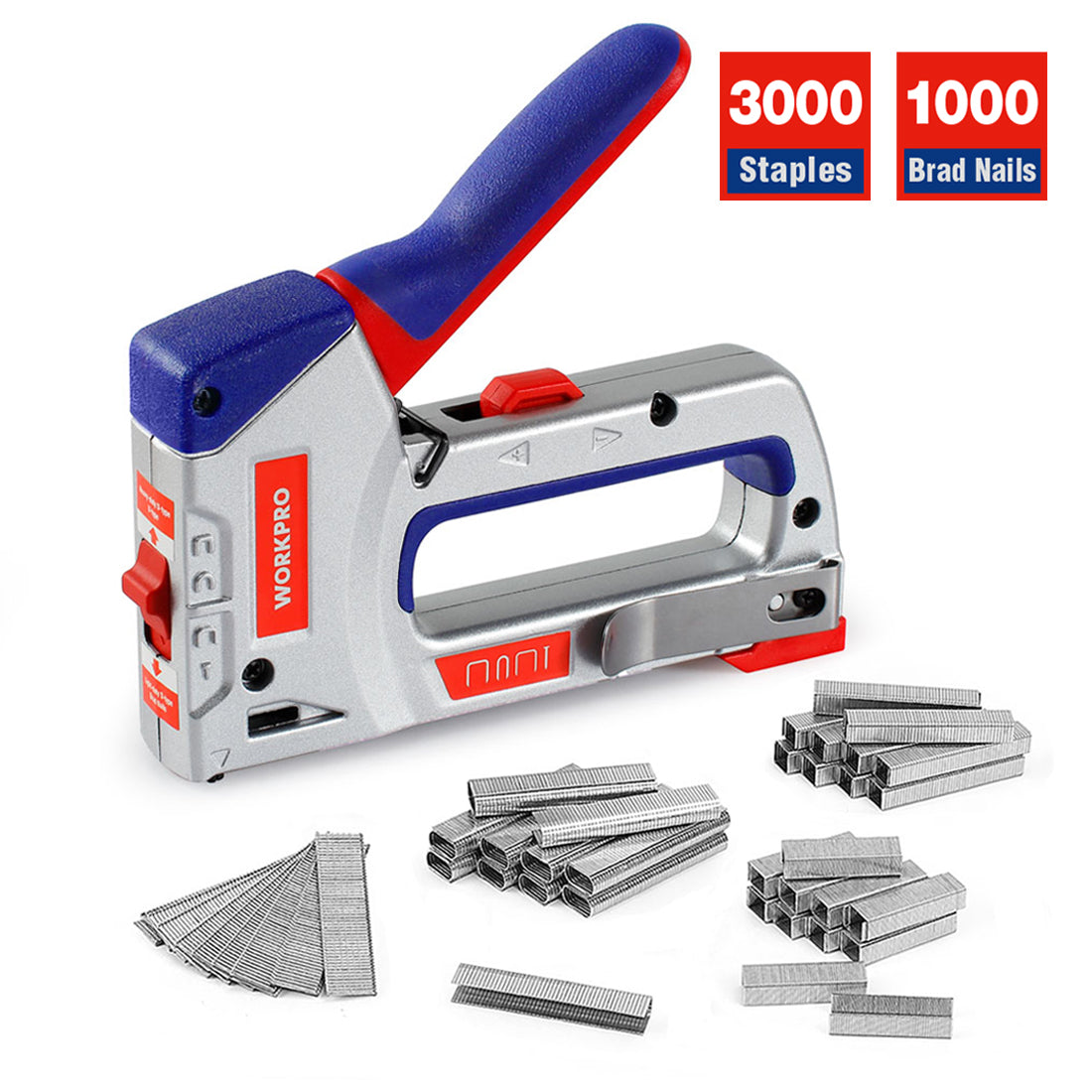 WORKPRO Heavy-Duty 4-in-1 Staple Gun Kit manual brad nailer with 3000 staples and 1000 brad nails, durable quality