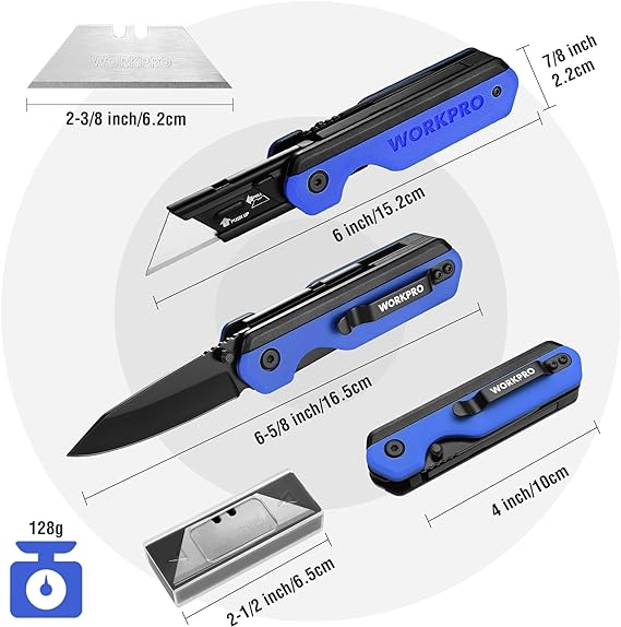 WORKPRO 2-in-1 folding knife with blue G10 handle, shown with size measurements.