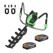Cordless electric earth auger with 8 in spiral bit and green/gray power head