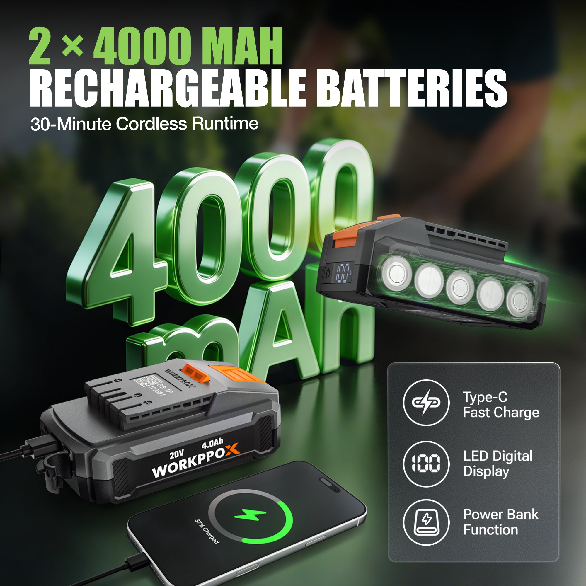 Rechargeable battery packs and cordless charger for 40V electric earth auger