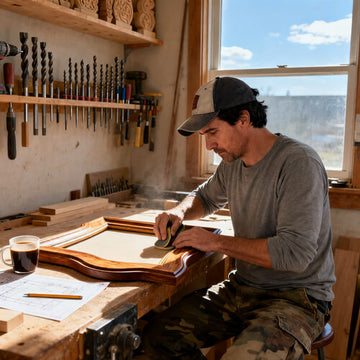 Woodworker carving a wooden board at a workshop bench, with tools and sketches nearby in natural light
