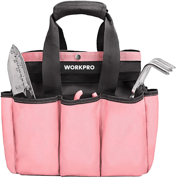 WORKPRO Garden Tool Bag, Pink Garden Tote Storage Bag with 8 Pockets, Polyester Oxford Cloth Tool Bag, Garden Tool Kit Holder (Tools Not Included), 12" x 12" x 6", Pink Ribbon (W)