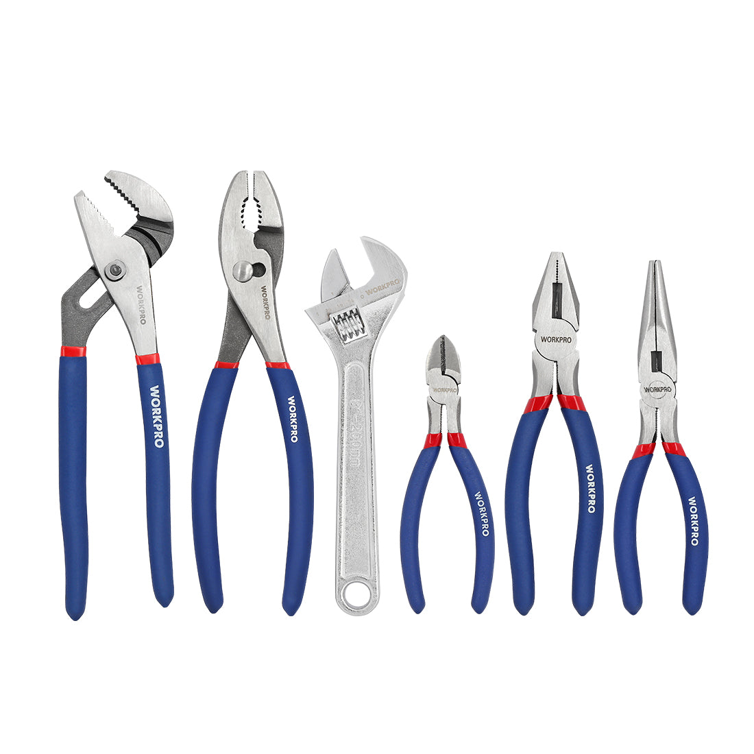 WORKPRO Large Pliers & Wrench Set 6-Piece (10" Water Pump, 10" Slip Joint, 8" Long Nose, 8" Linesman, 6" Diagonal, 8" Adjustable Wrench) for DIY & Home Use