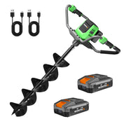 Cordless electric earth auger with auger bit and green/gray handle, plus two battery packs