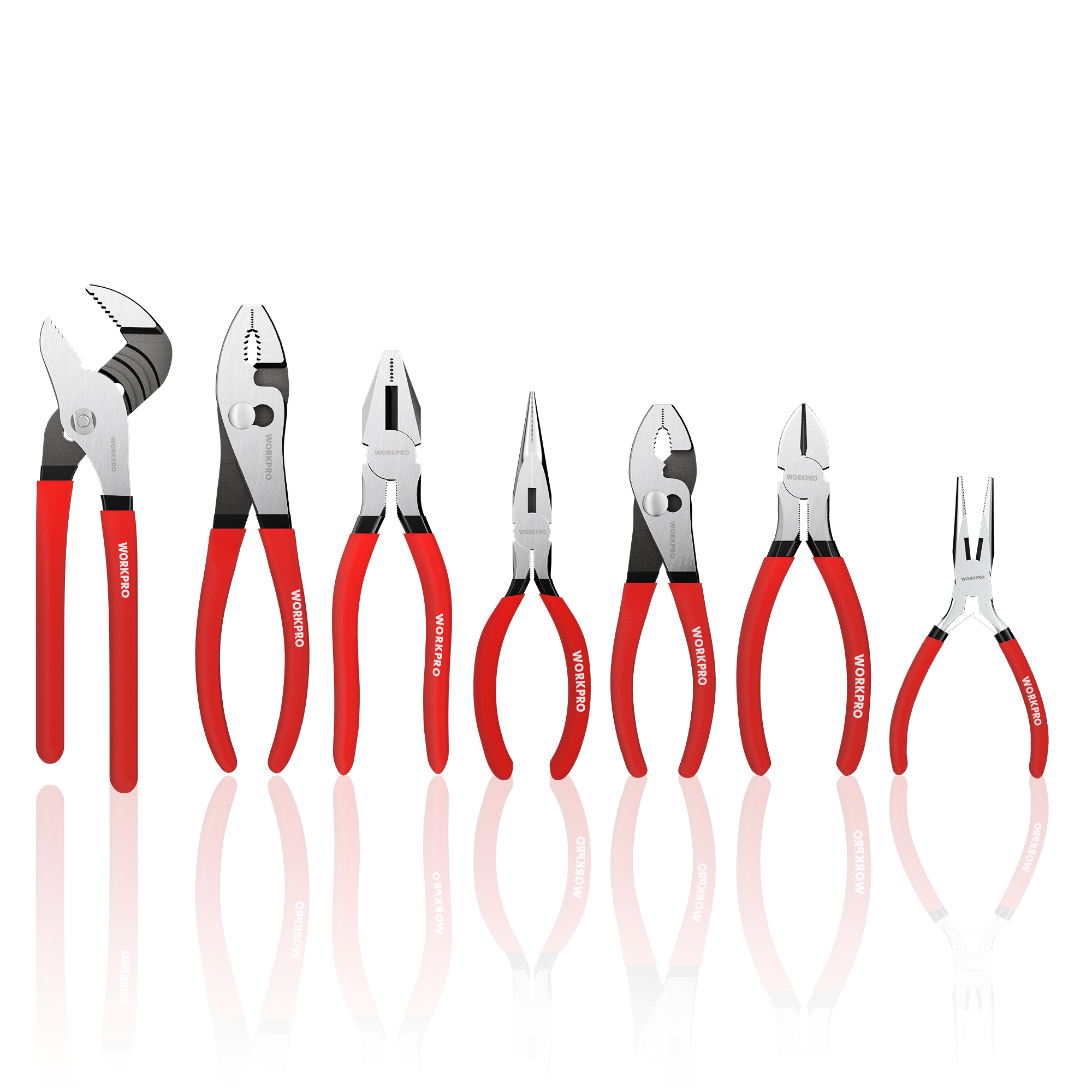 WORKPRO 7-Piece Pliers Set, Pliers Tool Set with Comfort Grip, Red | Groove Joint Plier, Long Nose Pliers, Slip Joint Pliers, Linesman Plier, Diagonal Pliers for DIY & Home Use