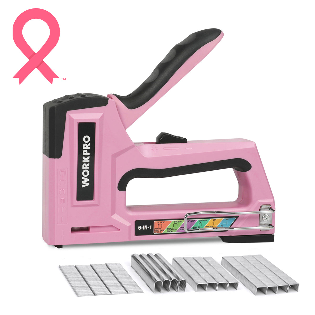 WORKPRO 6-in-1 Manual Brad Nailer Upholstery Stapler Nail Gun - Pink Ribbon