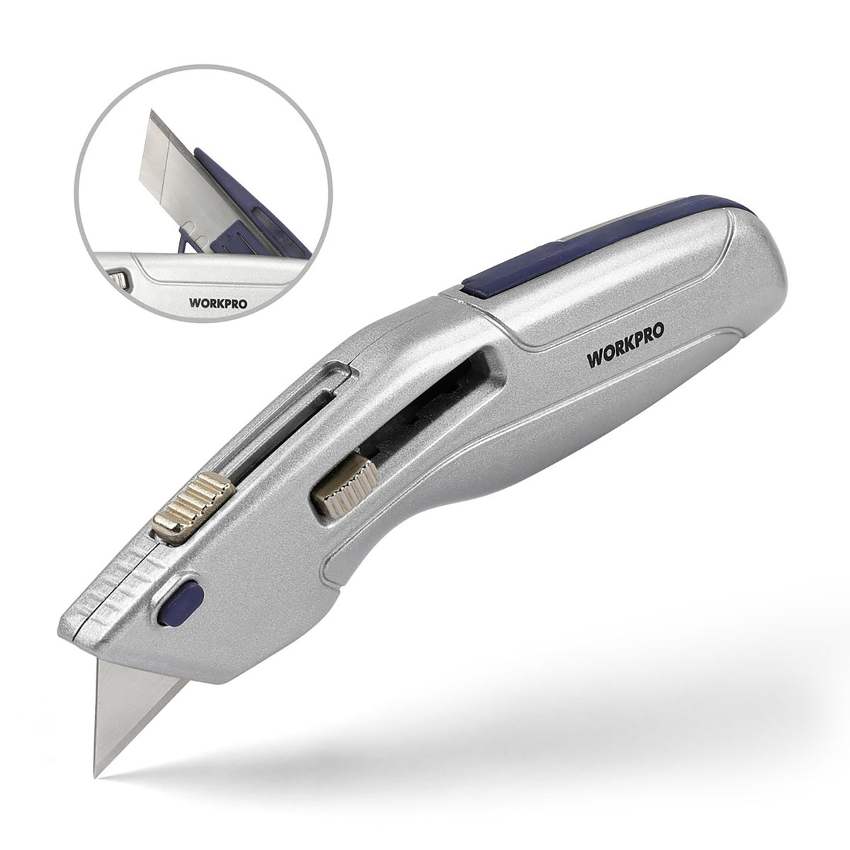 WORKPRO Retractable Utility Knife and Self-retracting Safety Box with 2 Extra Blades Included