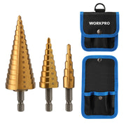 Three gold step drill bits with 1/4 in hex shank, in blue storage pouch