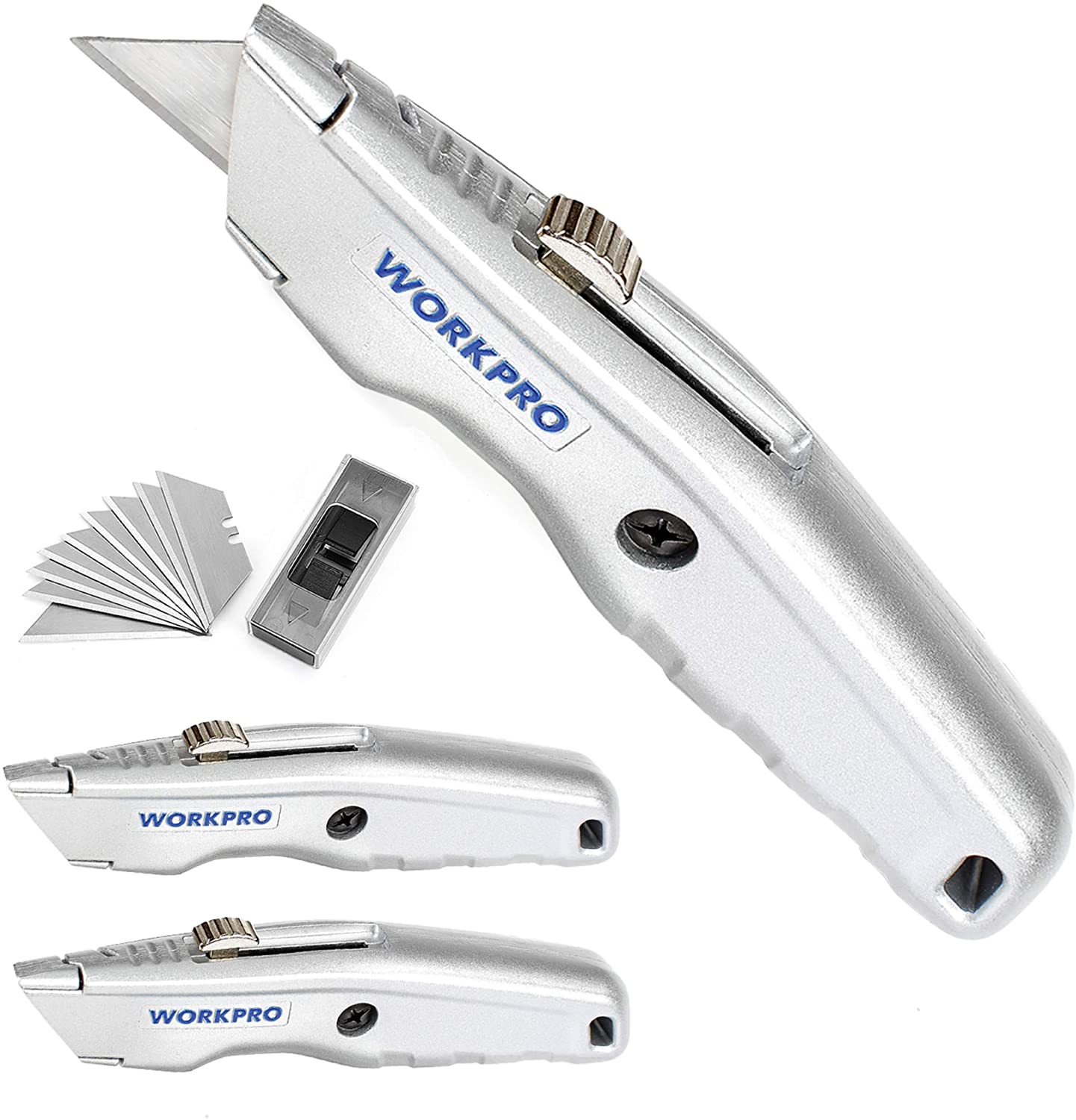 WORKPRO Retractable Utility Knife set in silver with blade storage in handle, innovation quality and durable secure use