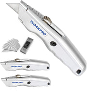 WORKPRO Retractable Utility Knife set in silver with blade storage in handle, innovation quality and durable secure use
