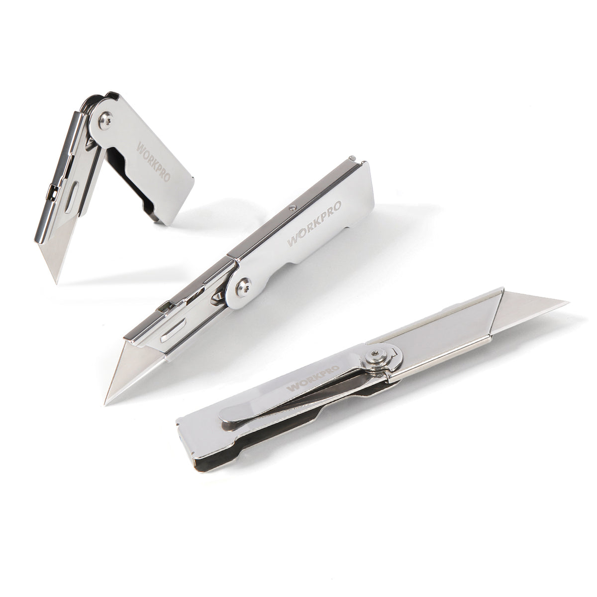WORKPRO 3 Pcs Quick Change Folding Pocket Utility Knife Set with Belt Clip in silver stainless steel, durable quality