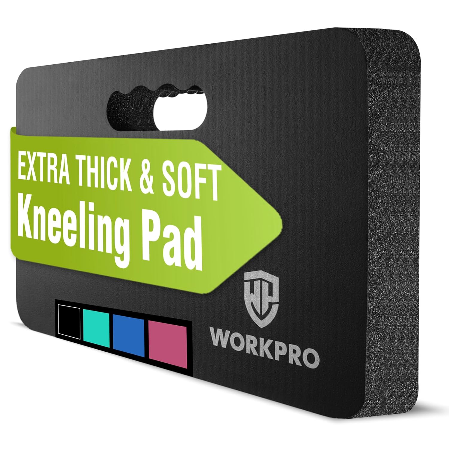 Black extra-thick & soft kneeling pad in packaging with color strip.