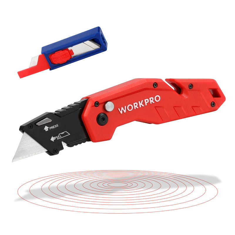 WORKPRO Folding Utility Knife, Quick Change Blade, Lightweight Nylon Handle, Utility Cutter with 10-Piece Extra Blades (W)