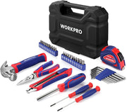 WORKPRO tool kit in black case with screwdrivers, pliers, utility blades and bit set