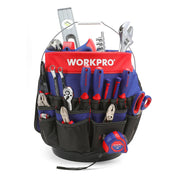 WORKPRO Bucket Tool Organizer with 51 Pockets in red and blue, innovation quality and durable tool storage