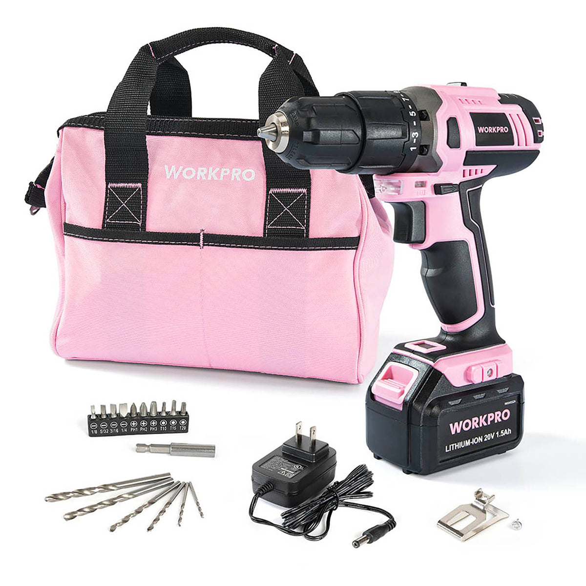 WORKPRO Pink Cordless 20V Lithium-ion Drill Driver Set - Pink Ribbon