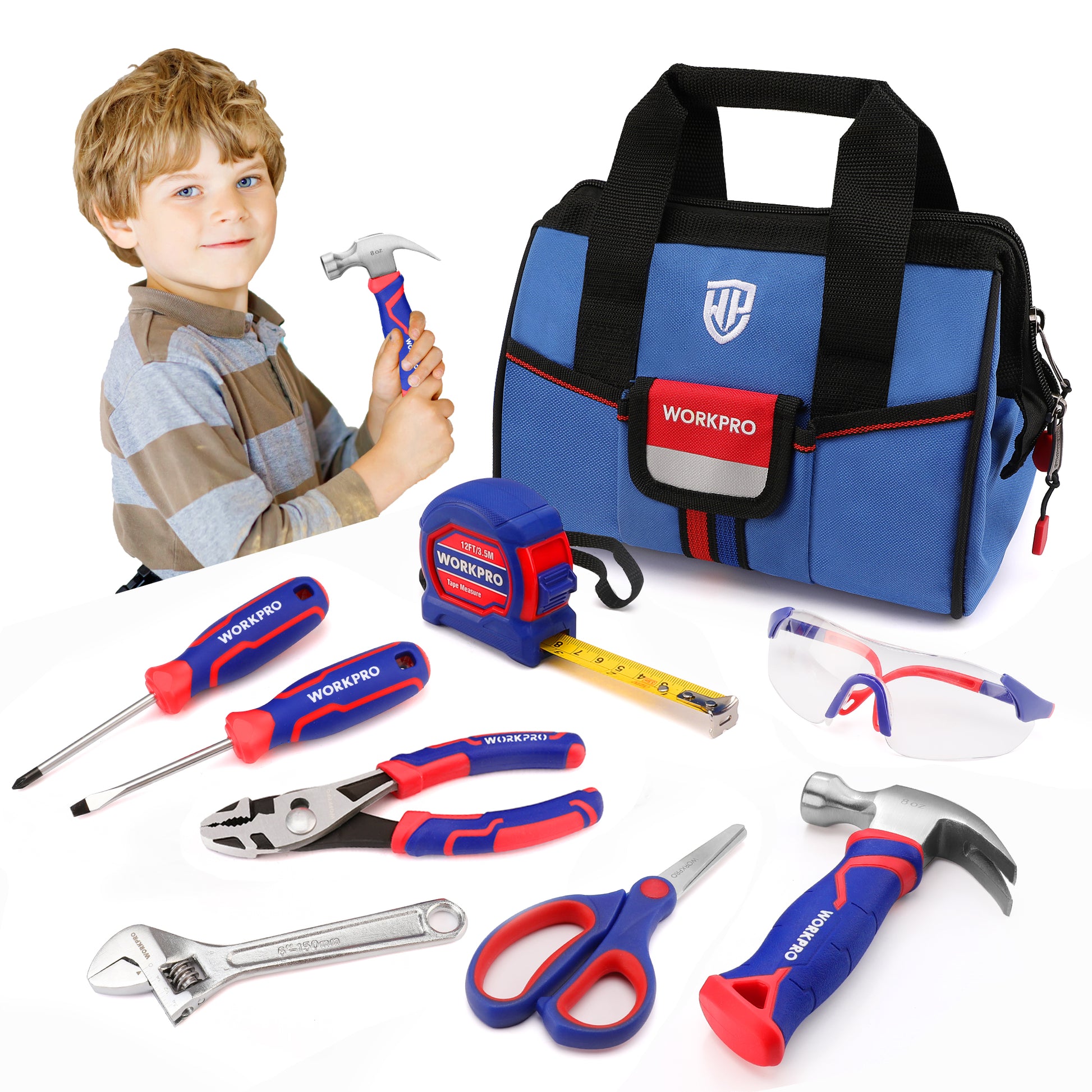 WORKPRO 9 Pcs Kids Junior Tool Set with Tool Bag in blue with innovation quality durable secure convenience