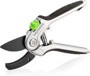 Anvil pruning shears with black-and-gray handles and green thumb grip