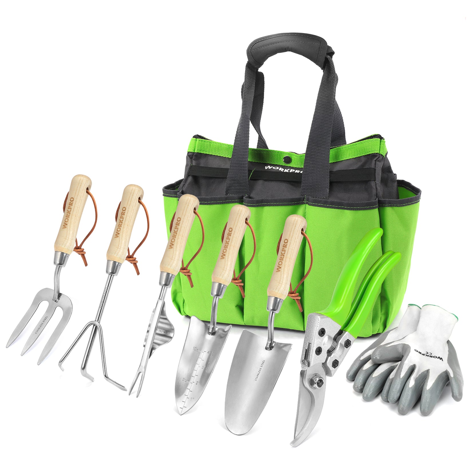WORKPRO 8 Pcs stainless steel heavy duty garden tools set in green tote bag with durable quality innovation