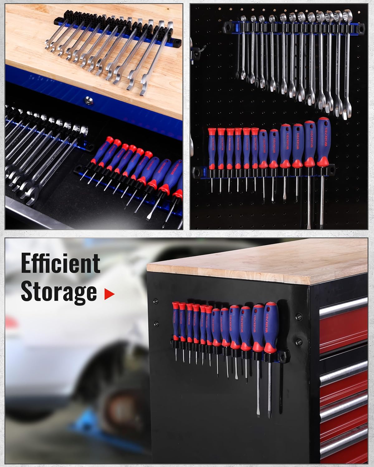 Magnetic tool organizer set with two blue racks and multiple rows of tool slots