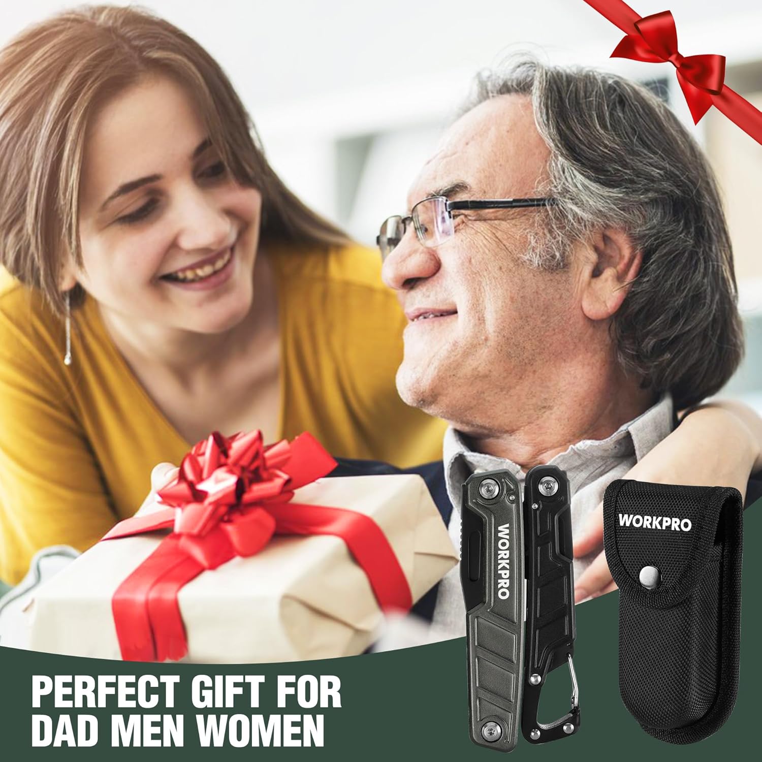 WORKPRO multitool with black fabric sheath for pocket carry, gift-ready design