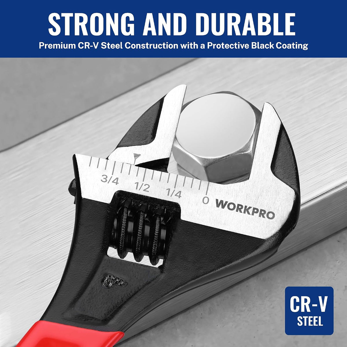 WORKPRO 6-Inch Compact Adjustable Wrench, Wide Jaw Cr-V steel Wrench