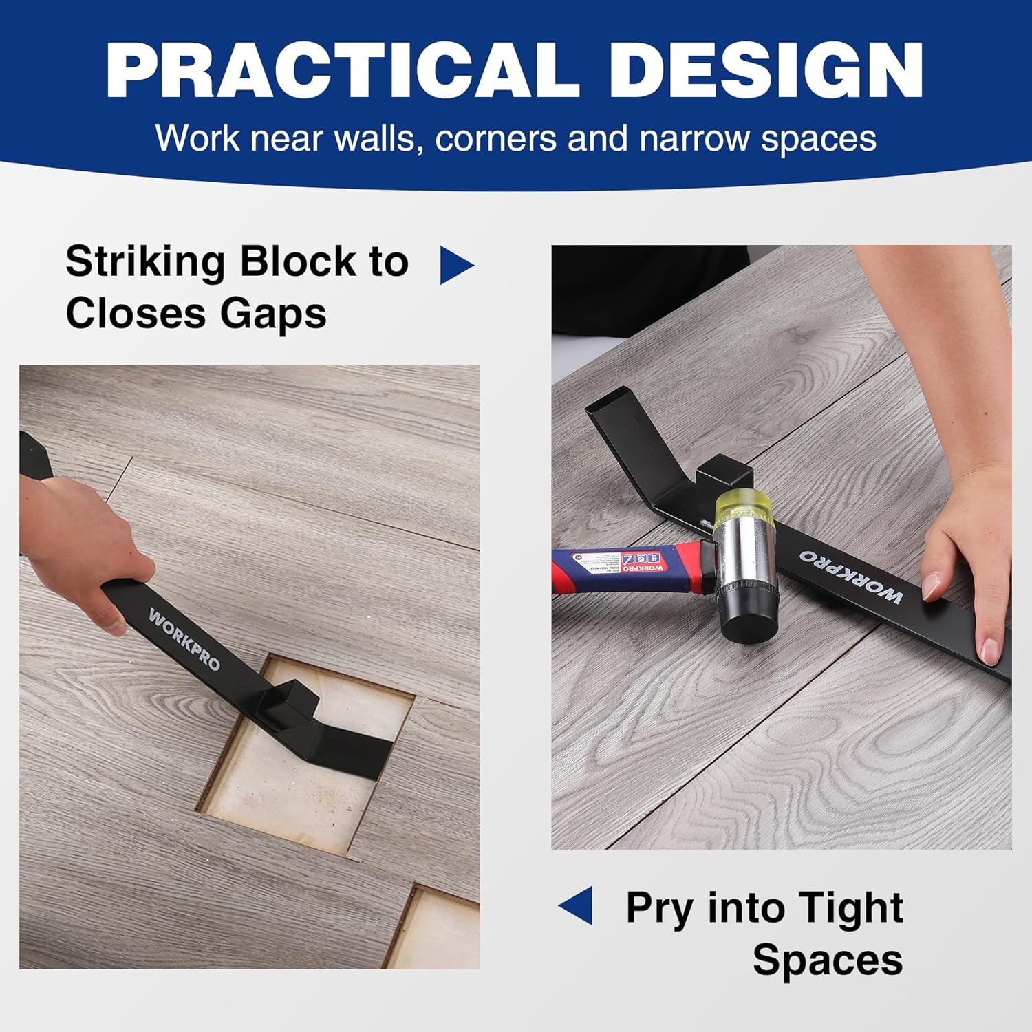 Black pull and pry bar with flat striking block, designed for tight gaps near walls