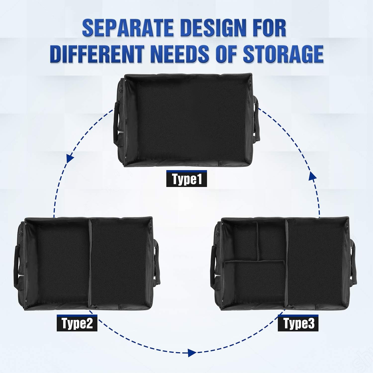 Collapsible car trunk organizer with lid and foldable side panels, black fabric.