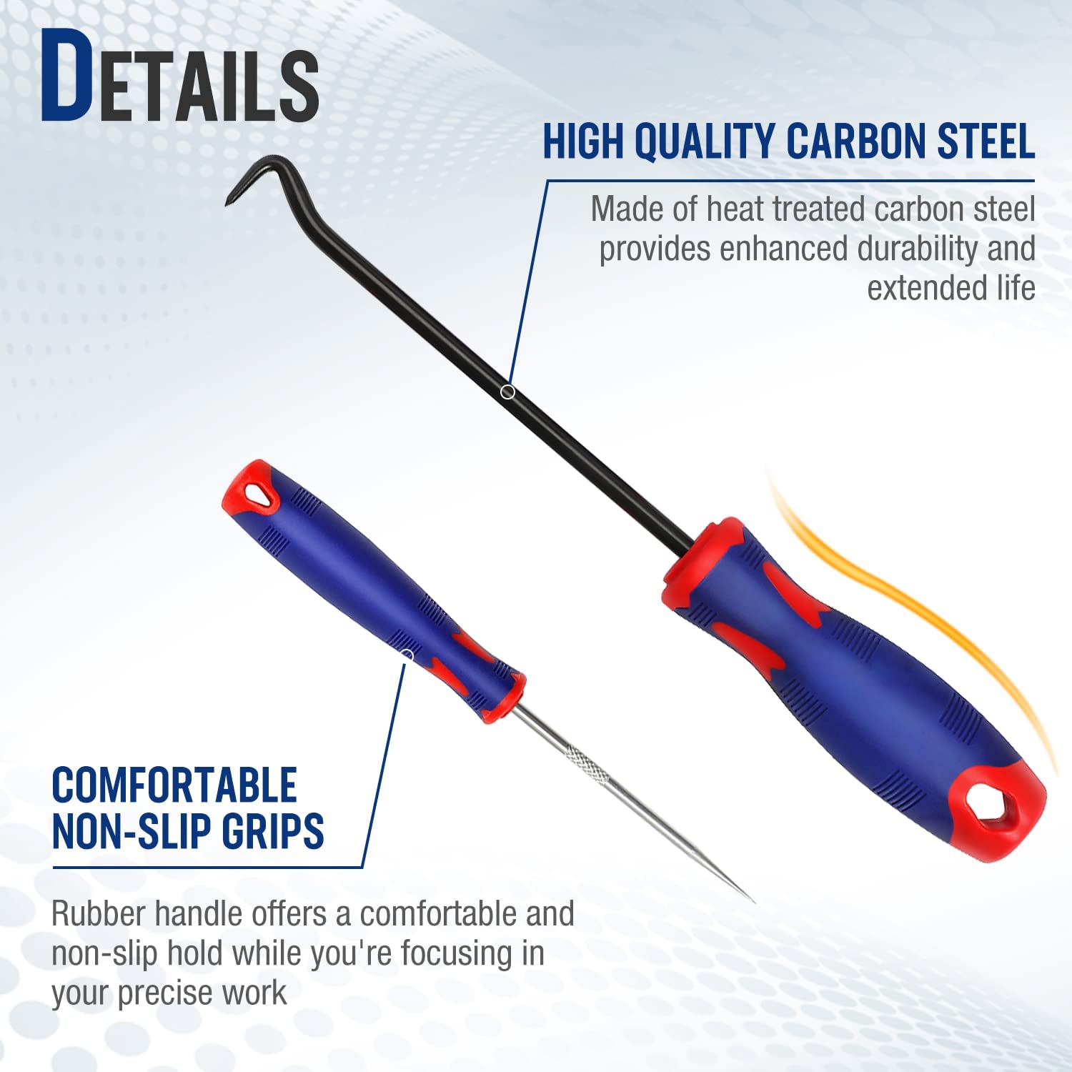 Precision pick and hook tools with blue grips and red accents, carbon steel tips